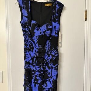 NWT (Size 6) Nicole Miller Black and Blue Silk Dress